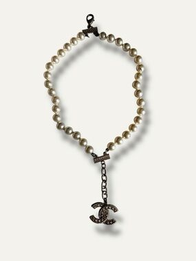 CHANEL Pearl Bracelet with Pave Double C Charm - White and Silver